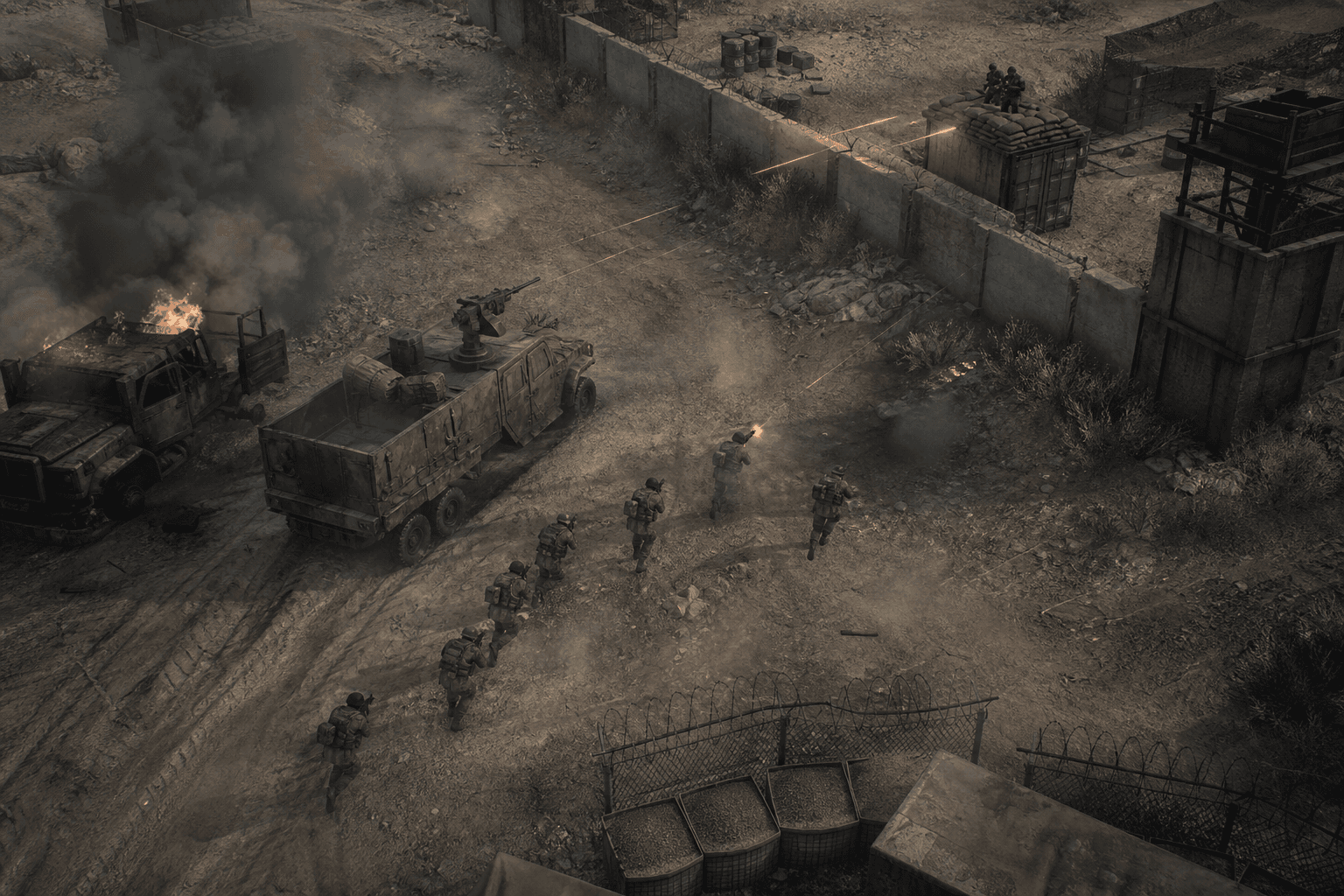 A rifle squad advancing behind a gun truck toward a wall and a firing machine-gun nest