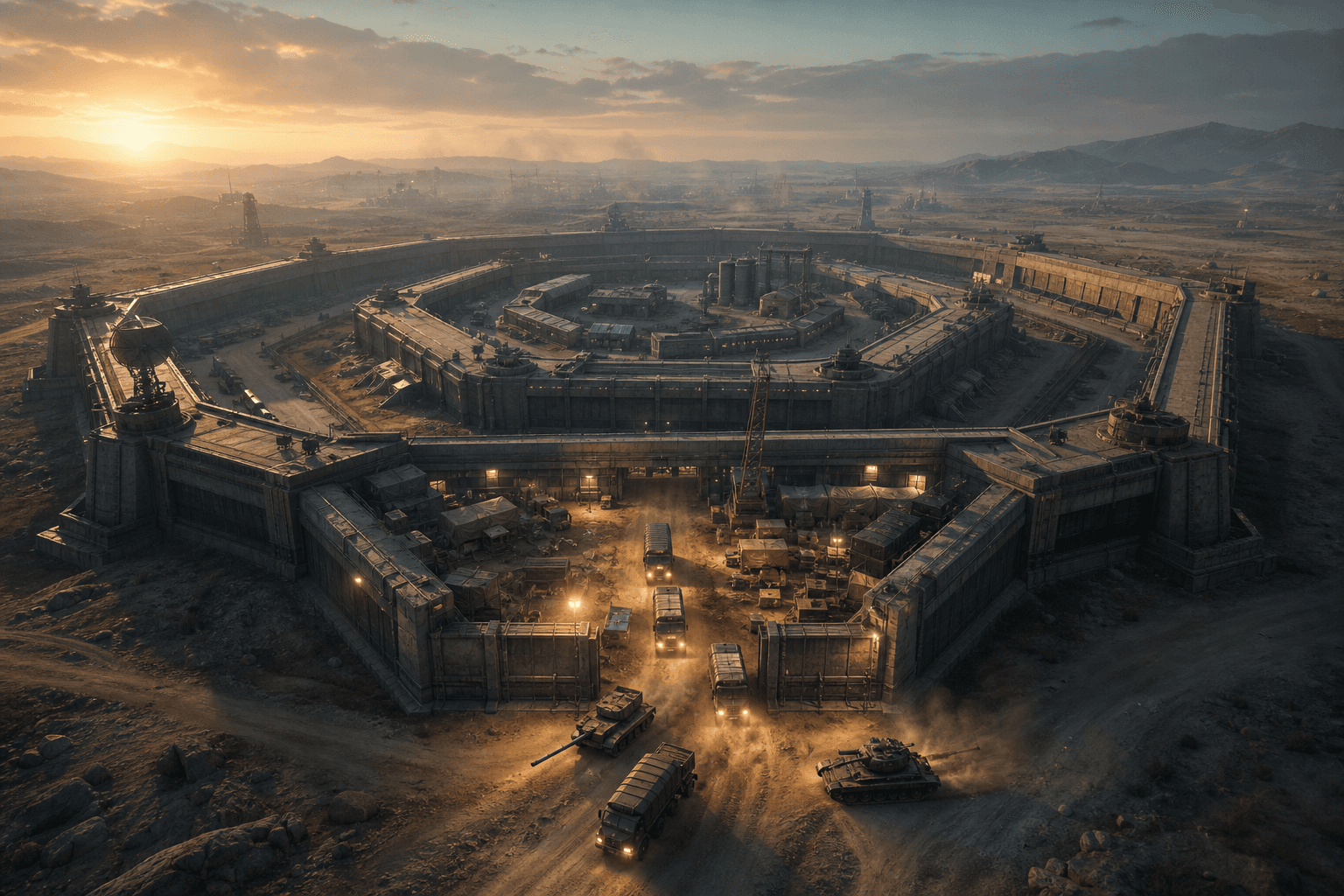 A hexagonal fortified base at dawn, one sector lit and a convoy rolling out