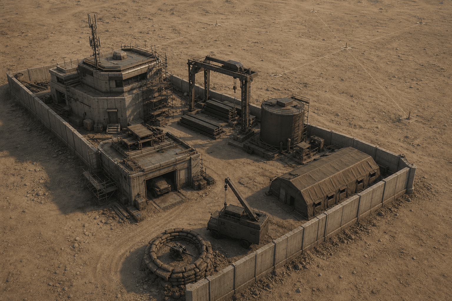One triangular sector of a hex base under construction: command center, steel yard, fuel tank, barracks, workshop and a machine-gun nest